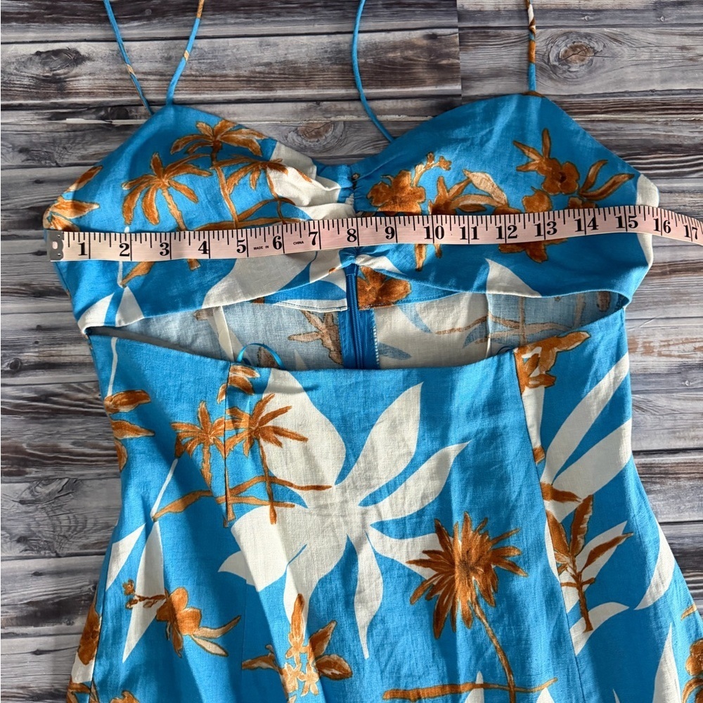 Zara Tropical Floral Blue Linen Blend Cut Out Front Slit Dress - Picture 9 of 13